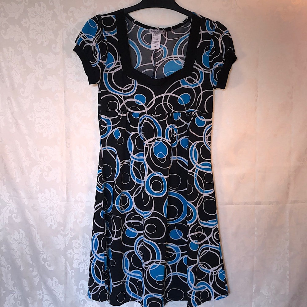 Square neckline empire waist Y2K 00s black dress with blue & white circle print